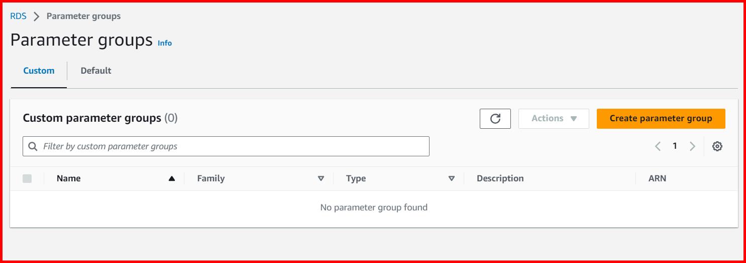 Picture showing the Create parameter group button for creating the new parameter group